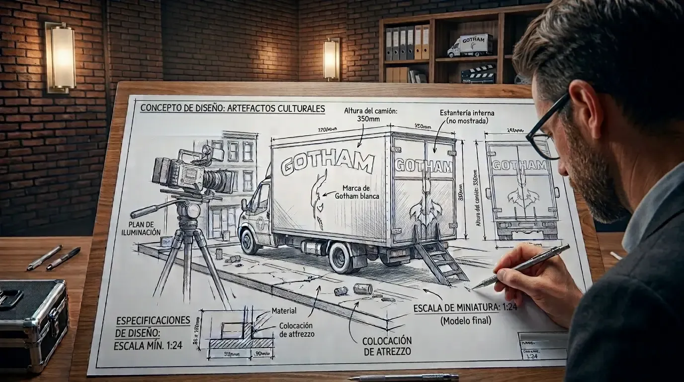 Técnico dibujando a lápiz el plano de diseño de una maqueta del camión de Gotham, con la cámara y el decorado de la escena