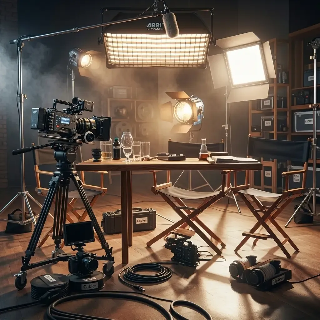 Set de rodaje con cámara de cine sobre trípode, mesa, sillas de director y focos