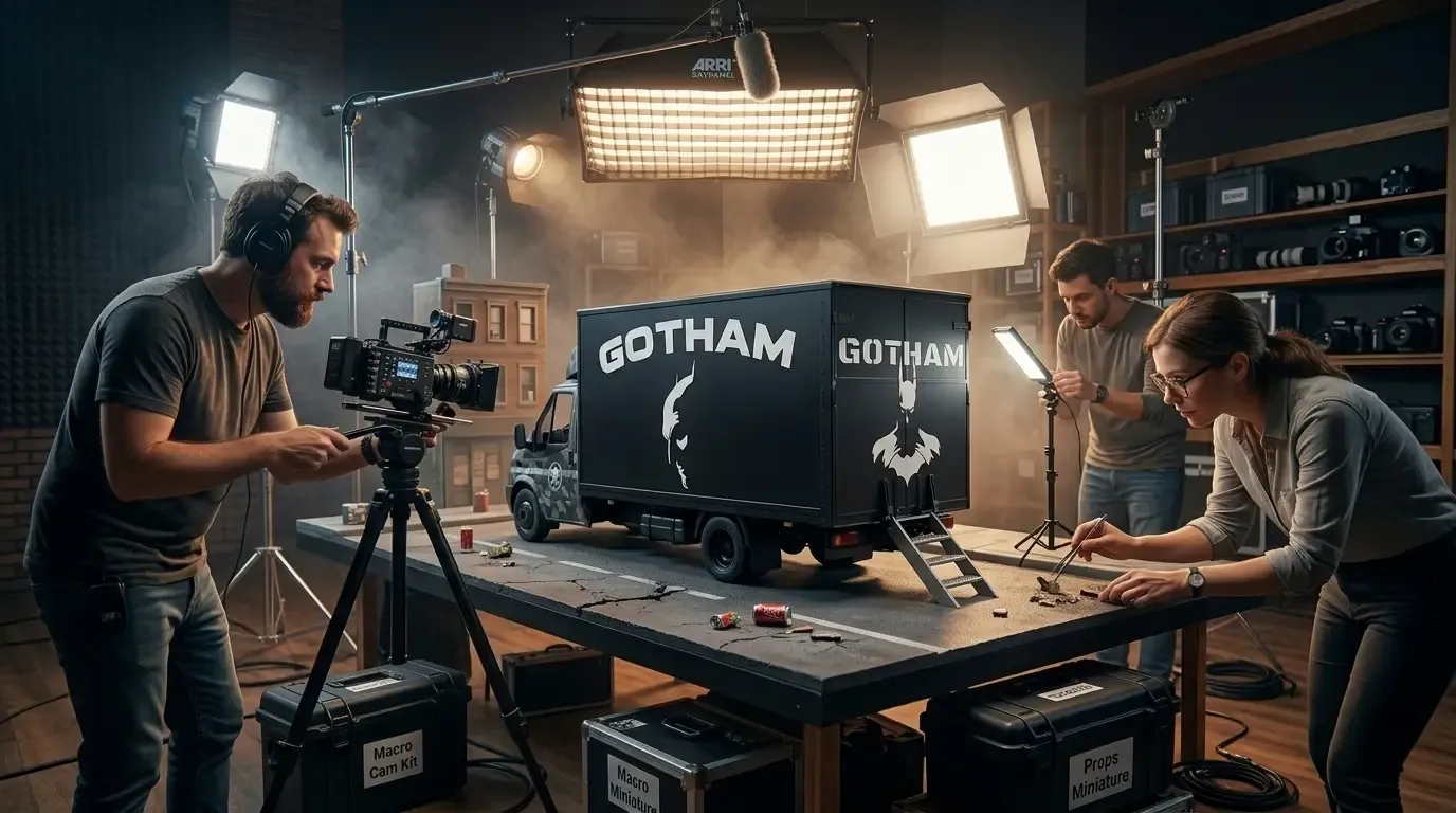 Equipo de producción en plató rodando una maqueta del camión de Gotham: un operador de cámara con auriculares, un técnico de iluminación y una atrezista colocando detalles