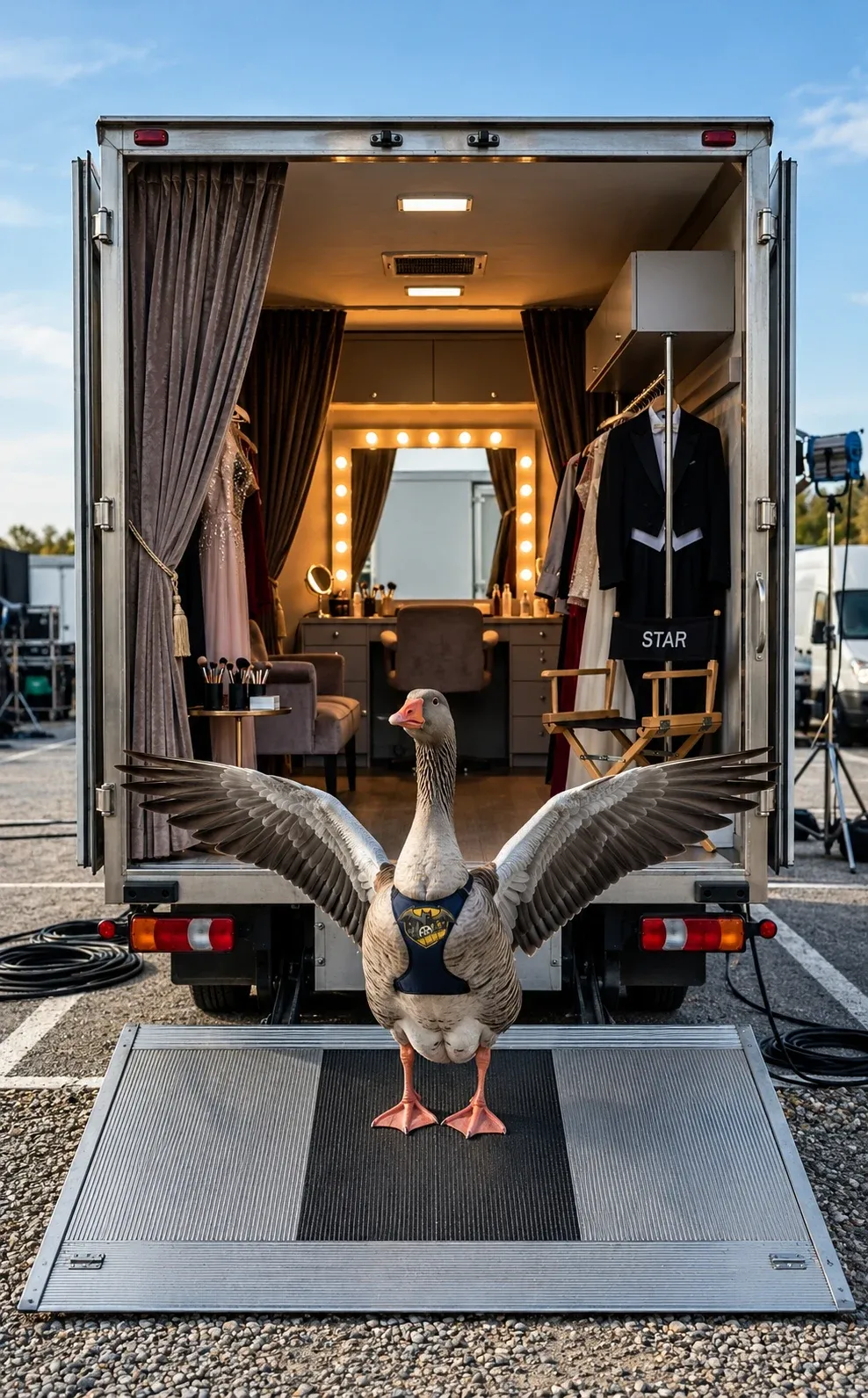Parte trasera del camión abierta: dentro, un camerino con espejo de luces, tocador, sillón, burras con vestuario y una silla de rodaje con la palabra STAR. En la plataforma elevadora, una oca con un arnés que lleva el emblema de Gotham abre las alas