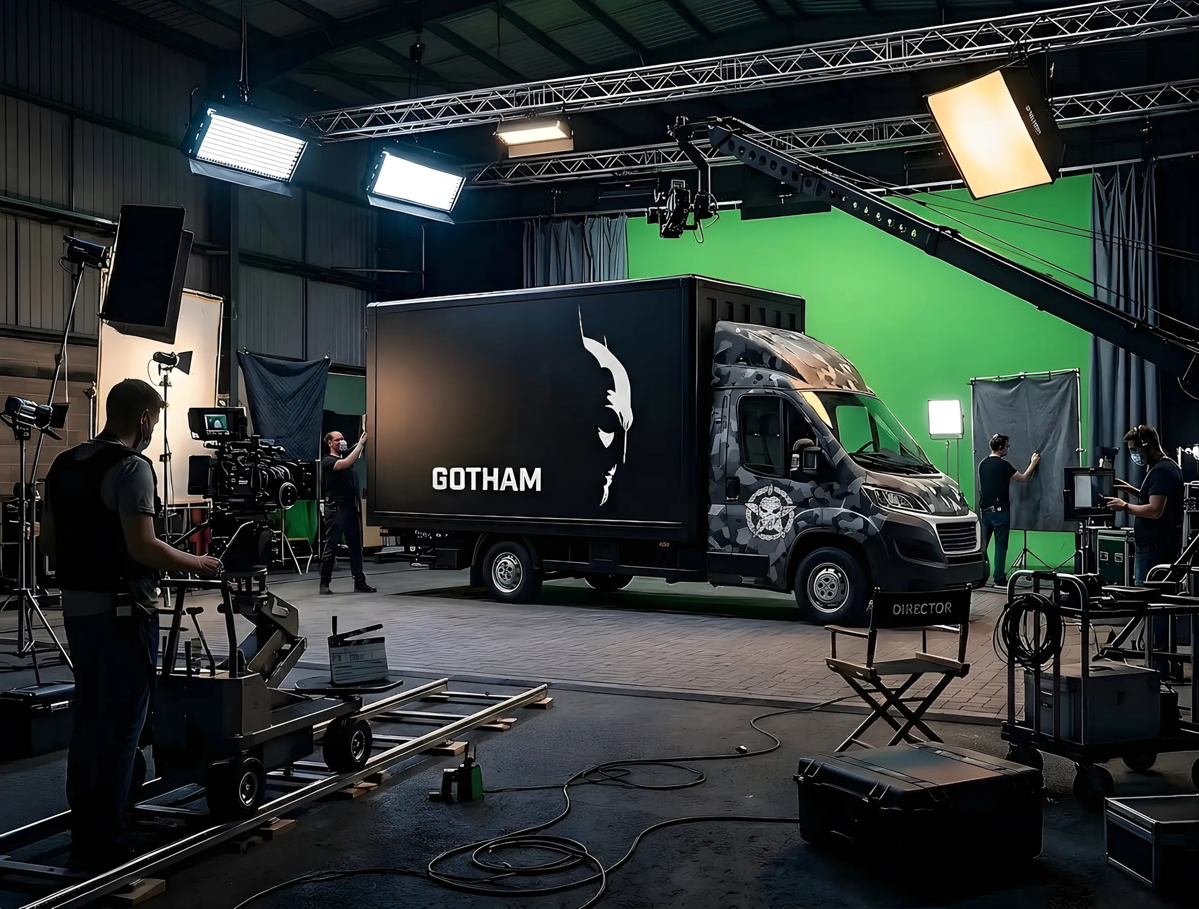 Camión de Gotham Producciones aparcado en un plató, con croma verde, focos en truss, grúa de cámara y equipo técnico trabajando alrededor