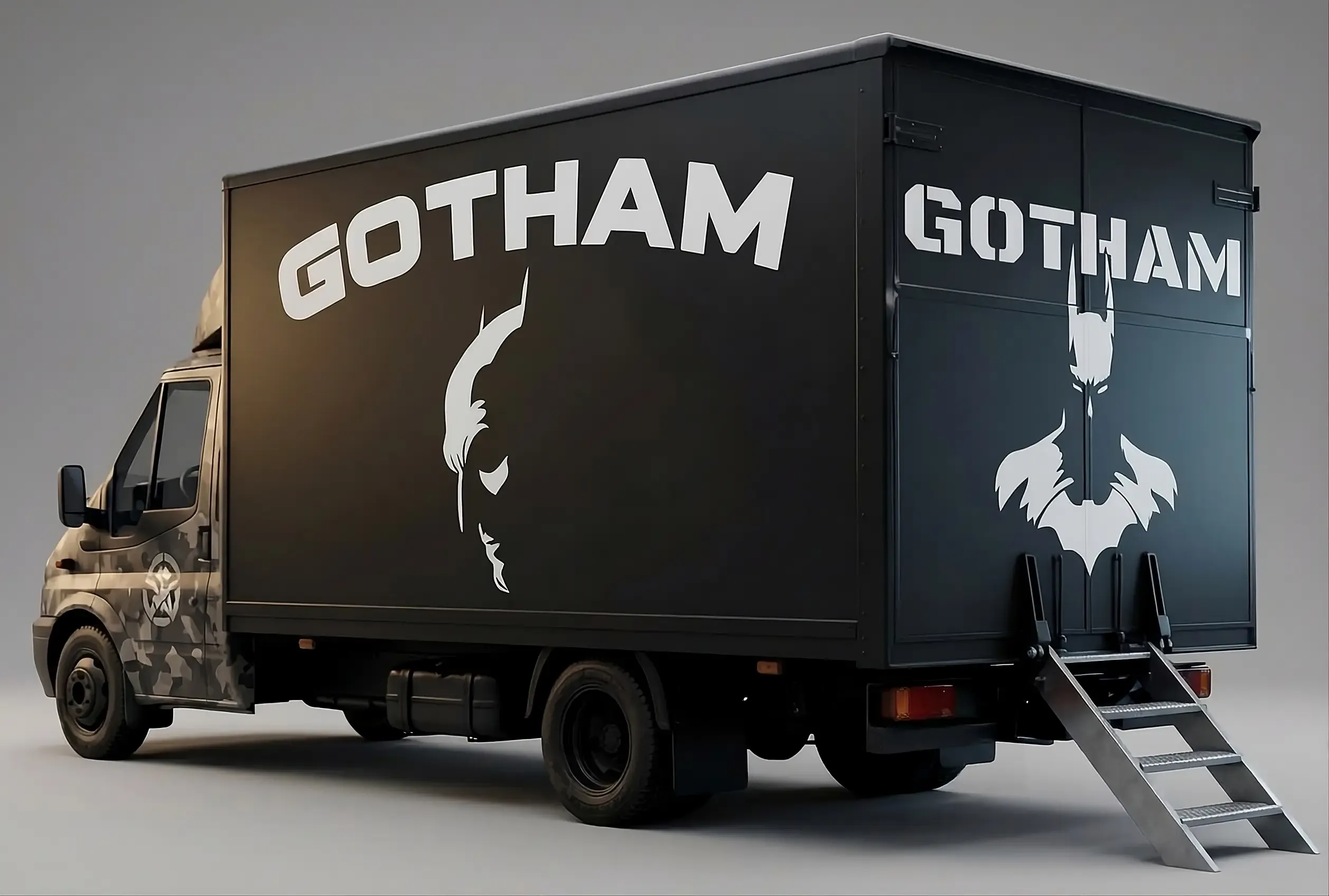 Camión carrozado negro de Gotham Producciones con escalera trasera desplegada